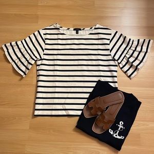 J. Crew navy and cream striped shirt with ruffle sleeves size extra small
